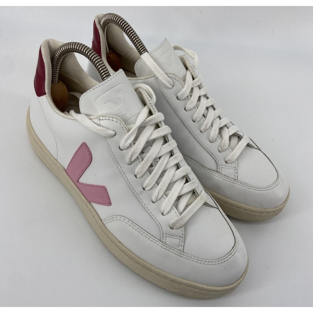 Veja‎ Shoes Womens 9 White V-12 Leather Sneakers Pink Heel Casual Walking